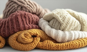 Soft knitted clothes in warm colors, laid out on a pastel background AI generated