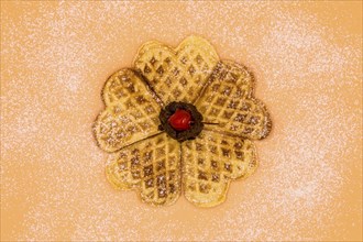 Homemade waffles with powdered sugar, a scoop of vanilla ice cream and a cherry on a pink