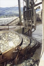 Bucket chain carries river bed gravel into the Ngahere Gold Dredge, West Coast, South Island, New