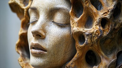 Intricate ceramic sculpture of a face with closed eyes and a weathered brown and beige texture,