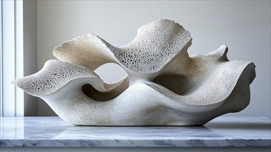 Abstract white stone sculpture with textured and smooth curves, displaying organic shapes indoors,