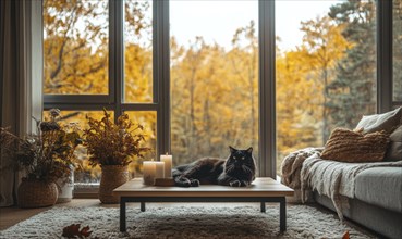 Scandinavian living room with a white sofa, wooden coffee table, autumn leaves in a vase, candles