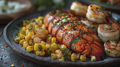 Grilled lobster tail and shrimp served with seasoned corn on a plate, AI Generated, AI generated