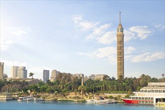 TV tower on river Nile in Cairo at sunset