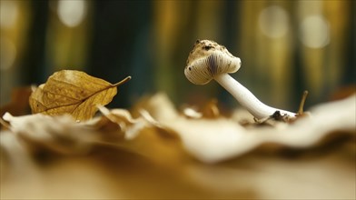 A mushroom amid dry leaves on the forest floor, emphasizing the autumn season with its earthy