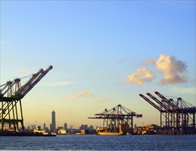 Silhouette of Kaohsiung city seen from the container port terminal