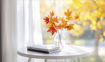 Contemporary white table with a couple of books and a vase of autumn foliage AI generated