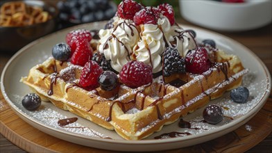 Plate of waffles with whipped cream, berries, and chocolate drizzle, AI Generated, AI generated