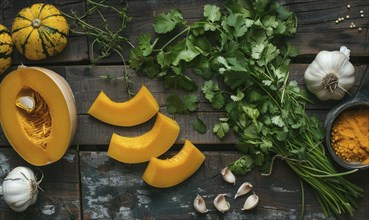 A top-down view of a wooden table with fresh cilantro, pumpkin wedges, garlic cloves AI generated