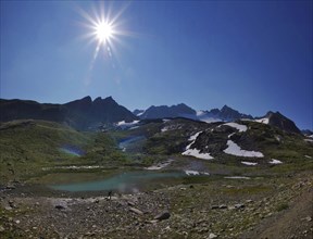 Mountain lake against the light, Silvretta