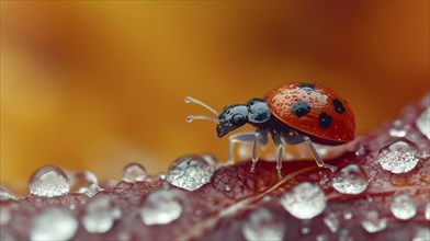 A ladybug on a leaf covered in water droplets with a warm, autumnal background, AI generated