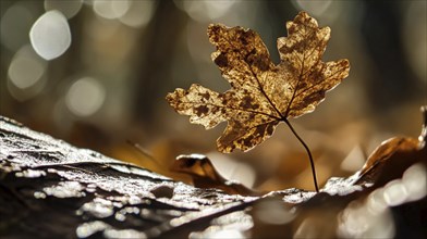 A single brown leaf standing upright on a forest floor, beautifully lit from behind with a warm