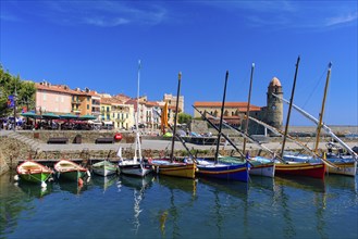 Boats at the harbor in the old town of Collioure, a seaside resort in Southern France