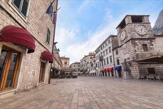 Ancient clock tower in the Old town of Kotor, Montenegro, Europe