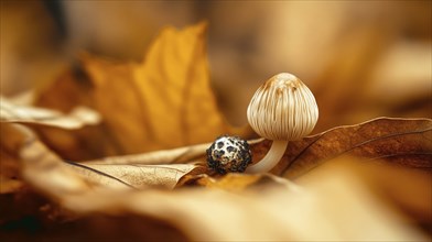 A small mushroom emerging from the forest floor, surrounded by dry brown leaves, symbolizing