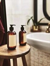 Amber pump bottles on a wooden stool with a rustic, minimalist bathroom setup. A plant in the