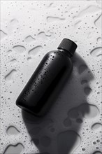 A black bottle with water droplets over a foamy white surface, creating contrast and shadows, AI