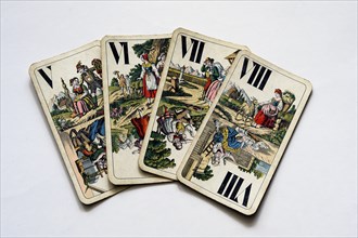 Old 5-8 playing cards by Ferdinand Piatnik and Sons around 1900, Vienna, Austria, Europe