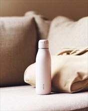 A white water bottle sits on a beige couch, creating a minimalist and cozy atmosphere with soft