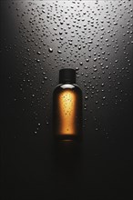 An amber bottle with water droplets, dramatically lit against a dark background, AI generated