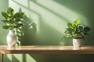 Two indoor plants in white pots on a wooden table with sunlight creating shadows, in a minimalistic