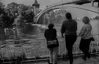 Germany, Berlin, 27 June 1991, Abbey Bridge to the Island of Youth in Treptower Park, (with water