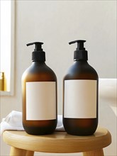 Two amber pump bottles with blank labels standing on a wooden stool in a modern, minimalistic