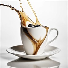 Vivid capture of coffee splashing out of a white cup on a saucer, with splashes falling around, AI