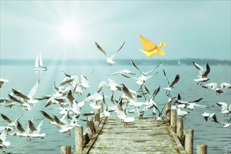 Yellow origami bird and soaring seagulls, jetty on a lake