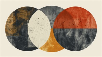 Three abstract geometric circles with different colors and textures, including dark grey, white,