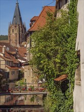 Historic town with church tower, surrounded by houses, a river and lush ivy, Weissenburg, Alsace,