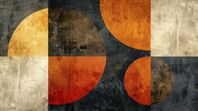 Geometric abstract shapes including circles and rectangles in dark shades of orange, black, and