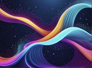 Bright neon lights in blue, orange, and pink create flowing wave patterns against a dark background