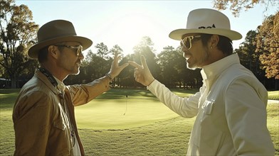 Two men having a friendly conversation on a sunny golf course, both wearing hats and casual attire,