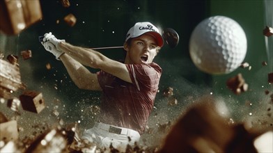 A man intensely hitting a golf ball with debris flying around in a competitive environment, AI