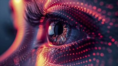 Close-up of an eye surrounded by red illuminated patterns, creating a digital and futuristic feel,