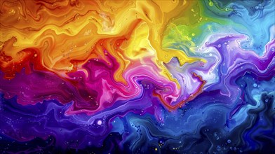 An energetic abstract painting with a flowing rainbow spectrum, featuring textured and vibrant