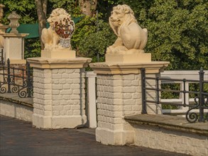 Detail of a historic parapet with lion statues, railings and white building elements, sunny