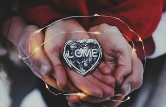 Hands holding stone heart with love text. Blurred background.