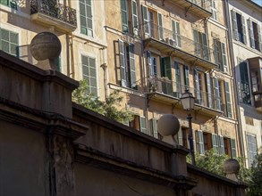 Building with balconies and shutters, partly covered by a garden, in an urban scene, palma de