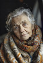 This portrait shows an elderly lady wearing a scarf around her neck. Despite her advanced age, she