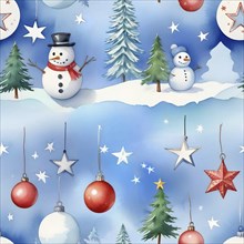 Snowmen and decorated Christmas trees against a blue snowy sky adorned with festive ornaments and