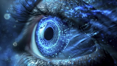 Macro view of a blue eye with digital circuitry, giving a glowing and futuristic impression, AI