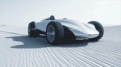 A sleek, futuristic car drifts through sandy dunes, kicking up clouds of dust. The sun sets in the