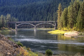 A bridge in the distance spans across the Flathead river in Montana