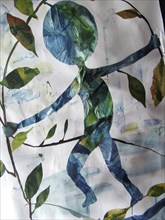 Nature-inspired artwork depicting a silhouette of a dancing figure made from leaves, AI generated