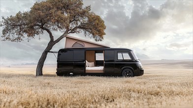 A black camper van is parked by a tree in an open field under a cloudy sky, AI generated