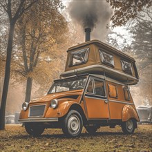 A vintage car with rooftop tent, surrounded by autumn trees and mist, with smoke coming from the