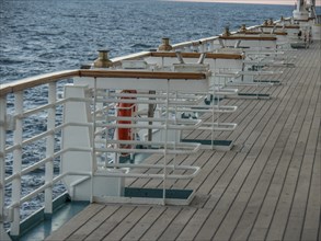 Ship deck with view of the ocean in calm weather, svaneke, bornholm, baltic sea, denmark,