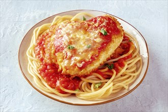 Chicken Parmesan, Italian pasta dish. Breaded chicken breast with cheese and spaghetti with tomato